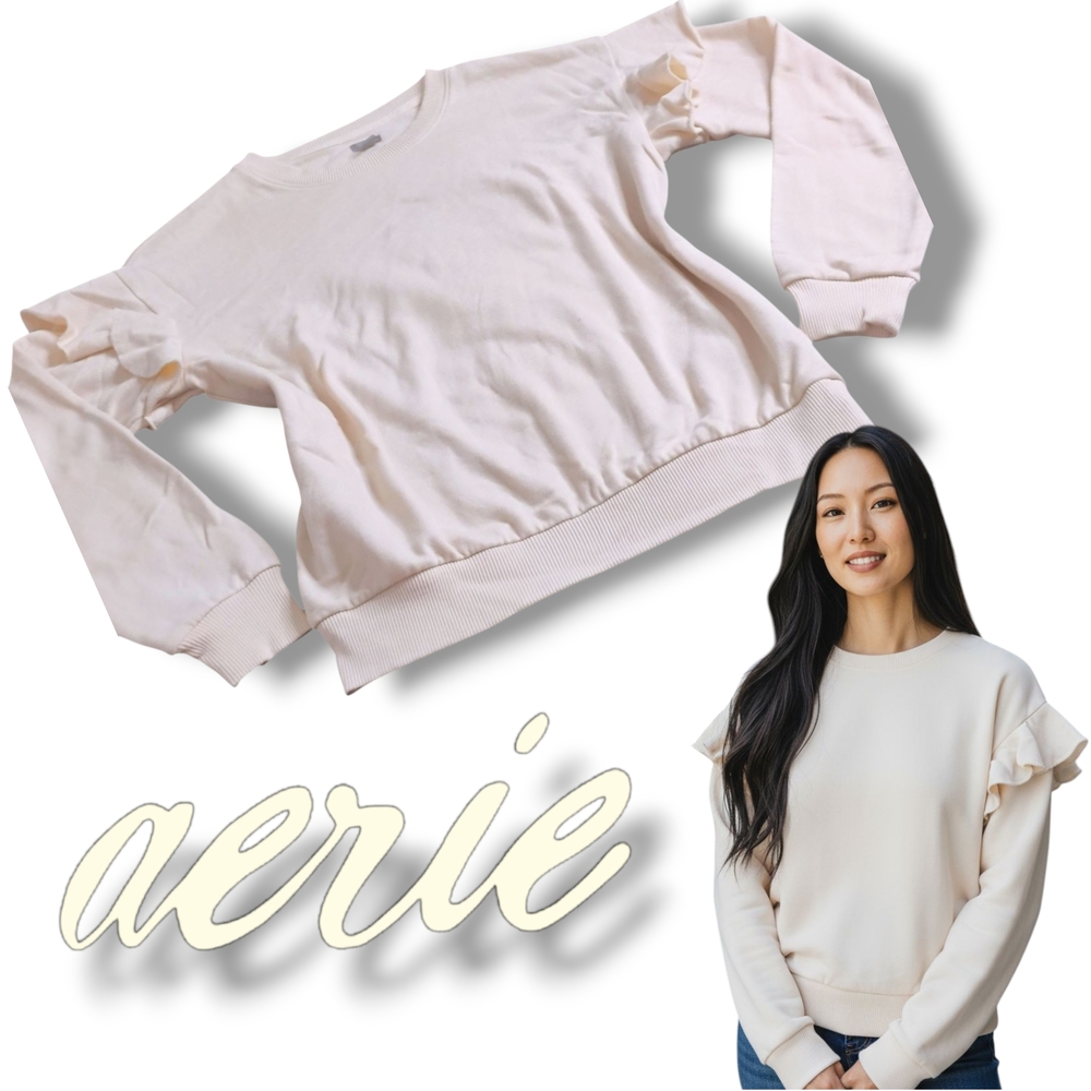 Aerie Cream Ruffle Sleeve Sweatshirt Women's Size Small Relaxed Comfy Fit Cozy